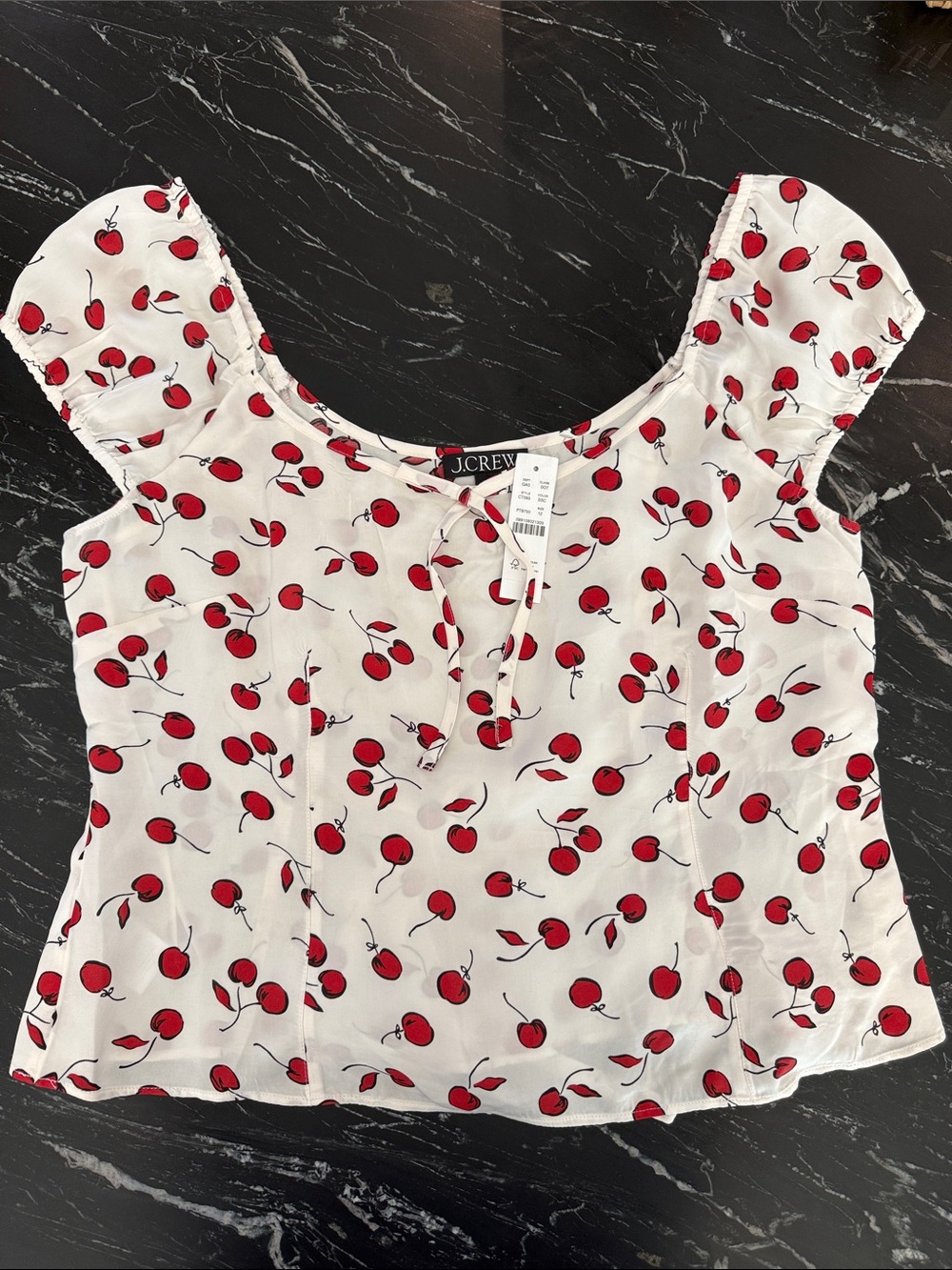 J. Crew White Top with Red Cherry Print size 12 NWT